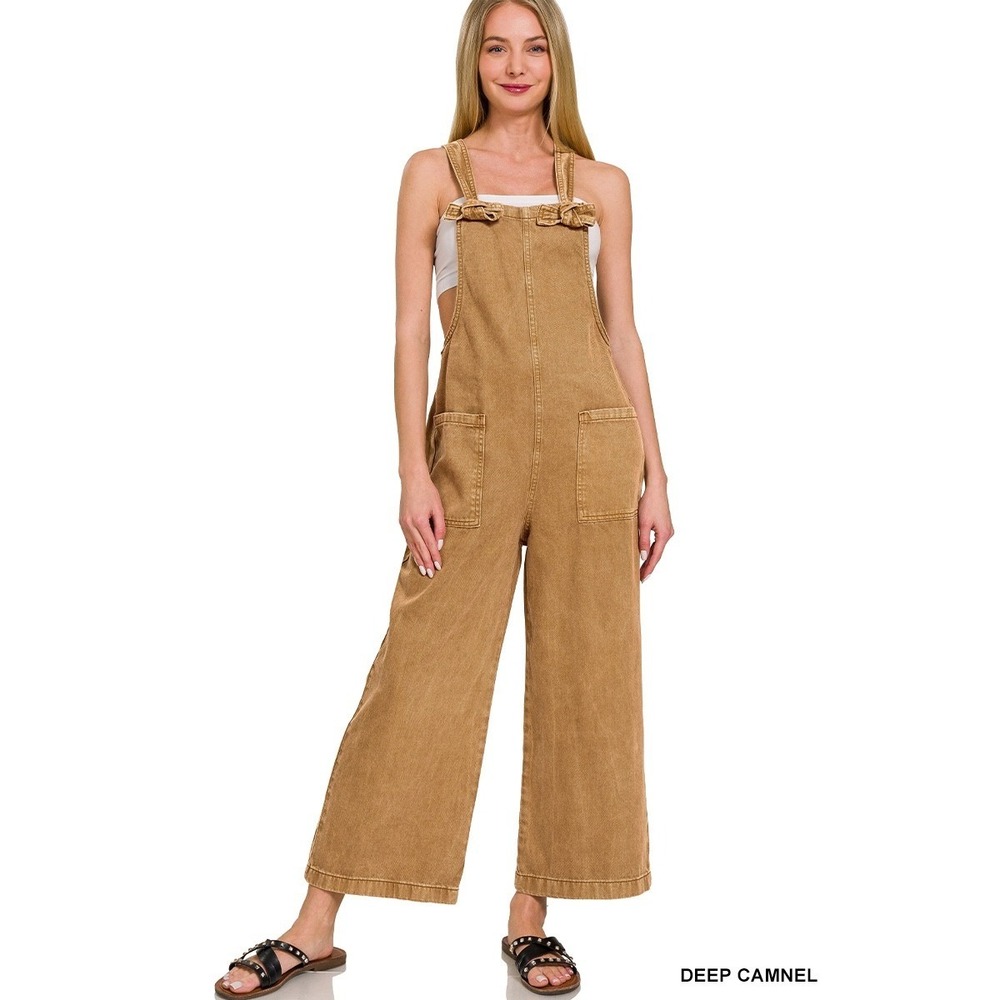 Zenana Womens Med Camel Washed Denim Knot Strap Jumpsuit Overalls Wide Leg NEW‎ - Picture 2 of 4